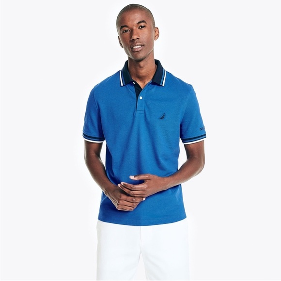 Nautica classic fit aqua with navy blue stripes Polo sz L - Picture 5 of 5